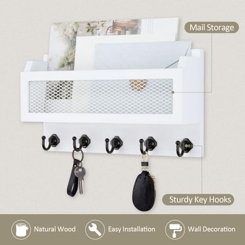 Nekon Mail and Key Holder for Wall Decorative, 11 Inch Wooden Wall Key Organizer with 5 Key Hooks, Wall Mount Storage Shelf for Entryway Hallway (White) - color: White