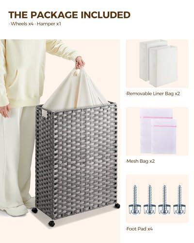 Greenstell Laundry Hamper with Wheels & Handles, 26.4 Gallon (100L) Slim Laundry Basket with 2 Removable Liner Bags & 2 Mesh Bags, Foldable Narrow Clothes Hamper for Bedroom, Bathroom, Closet, Grey - color: Grey, size: 100L (21.7 x 9.8 x 30.7 inches)