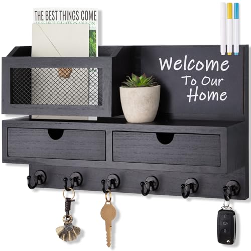Key Holder for Wall, Key and Mail Holder for Wall with Storage Drawer, Entryway Rustic Home Decor, 3 Liquid Chalks & Chalkboard, 15.98”W x 9.1”H x 3.3”D, Black - color: Black