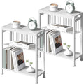 End Table Set of 2 for Small Space, 3-Tier Narrow Side Table with Magazine Holder,Small Nightstand, Skinny Snack Couch Table in Living Room, Bedroom Study and Balcony (White) - color: White-2pcs
