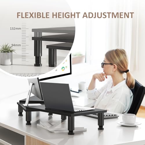 AX WABER Dual Monitor Stand Riser, Monitor Stand with Adjustable Height Steel leg, Wood Monitor Stand for Desk, Monitor Riser for 2 Monitors with Storage Space Black - color: Black