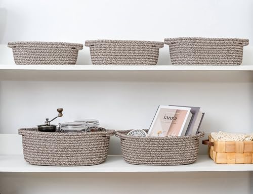 CubesLand Small Cotton Rope Storage Basket Set 5, Shelves Baskets for Organizing with Handle, Decorative Closet Storage Bins for Countertop Toilet Paper Basket for Toilet Tank Top,Mixed Brown Basket - color: Mixed Brown