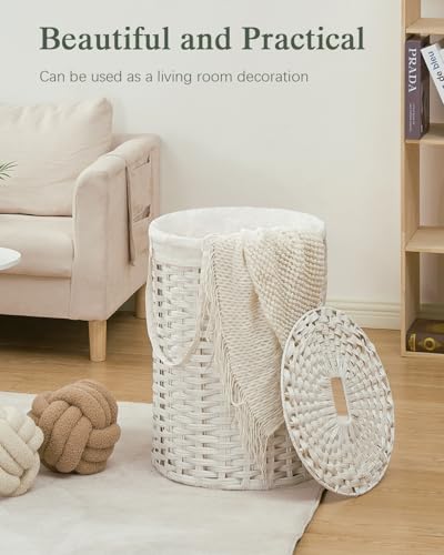 SETVSON Laundry Hamper with Lid Laundry Basket with Lid 19.0 Gal (72 L) Round Wicker Laundry Basket Handwoven Rattan Basket with Lid Removable Bag 2 Mesh Bags Handles for Living Room Bathroom White - color: White, size: 72L