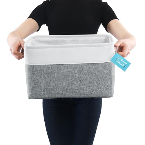 OrganiHaus Large Fabric Storage Baskets for Shelves 3 Pack, 15x11in Closet Storage Bins, Canvas Storage Bin for Organizing, Cloth Baskets, Linen Closet Organizers, Gray/Off-White - color: Gray / Off-White, size: Large - 3pc