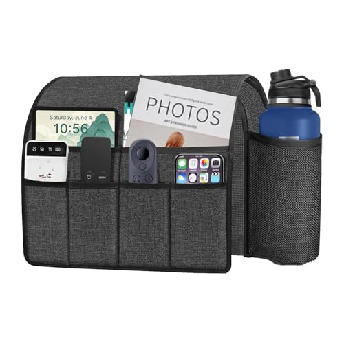 Ntomtuex Sofa Armchair Caddy Remote Control Holder with Water Bottle for Couch Recliner, Armrest Organizer with 7-Pocket Design for Magazines, Eyeglasses, iPad, Phone, Grey - color: Grey
