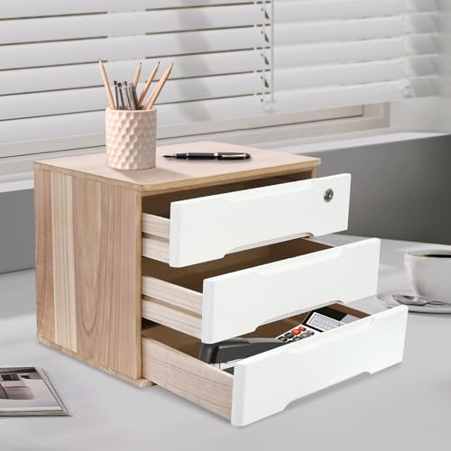 3-Tier Desk Organizer with Lockable Drawers,1 Locks & 2 Keys, Categorized Storage Desktop File Cabinet,Wooden Desktop Storage Box (Wood Color, White) - color: Wood Color/White-3 Tiers