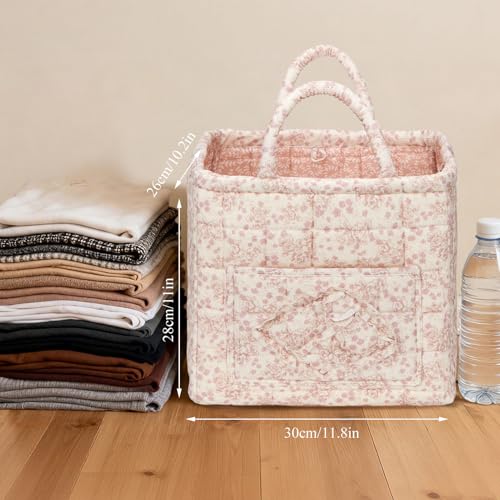 Quilted Fabric Basket Foldable Car Storage Boho Floral Laundry Basket Hamper for Nursery Bedroom & Living Room | Organize Clothes Toys - color: Dark Pink