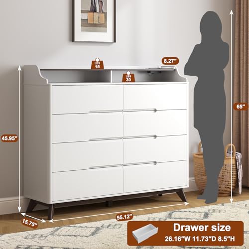 Dresser for Bedroom with 8 Drawers, 55" Large Dresser & Chest of Drawers with Charging Station, Wood Closet Clothes Storage Tall Dressers Organizer for Bedroom Living Room Hallway (White) - color: White, size: 16"D x 55"W x 46"H (8 Drawers)