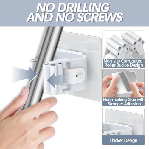3-H 24-Pack Self Adhesive Broom Holder Wall Mount - Heavy Duty No Drill Broom Organizer for Garage Closet Kitchen, Plastic Storage Rack for Brooms Mops Tools, Peel and Stick Adhesive, White - color: Beige White, size: 24
