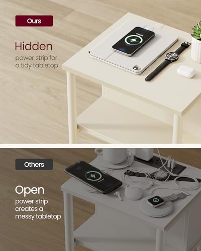 VASAGLE Side Table with Charging Station, 3-Tier End Table with USB Ports and Outlets, Nightstand for Living Room, Bedroom, 11.8 x 13.4 x 22.8 Inches, Plug-in Series, Cream White - color: Cream White