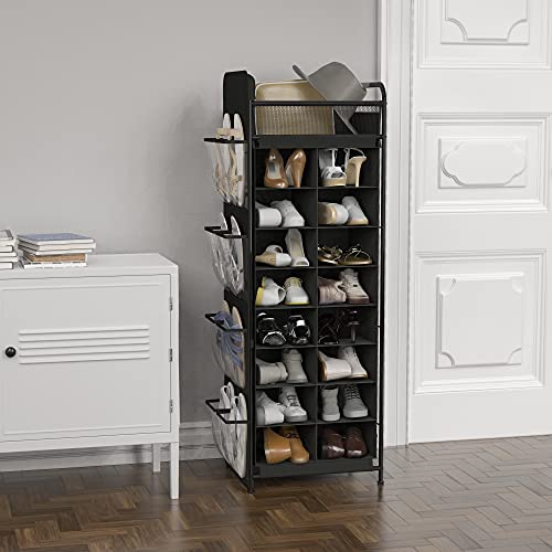 Simple Houseware 16 Cube Shoe Stand Tower Rack 8 Tier with Top Shelf and Side Hanging Pockets, Black - color: Black