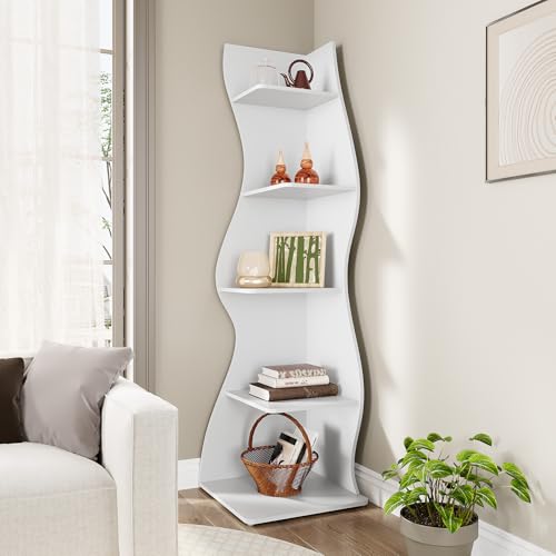 LITTLE TREE 70-Inch Corner Shelf, Seaweed Shaped Etagere Display Bookshelf, Freestanding 5-Tier Wall Shelves for Small Spaces, Bedroom, Living Room, 2 Pack, White - color: White, size: 2 Pack