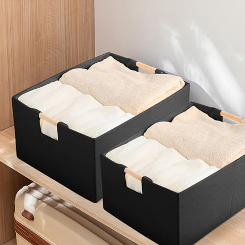 Fabric Storage Bin Box Foldable Cotton Linen Storage Basket with Wooden Handles Rectangular Cube Decorative Home Laundry Organizer Clothes Blanket Container – Black, Small - color: Black, size: Small
