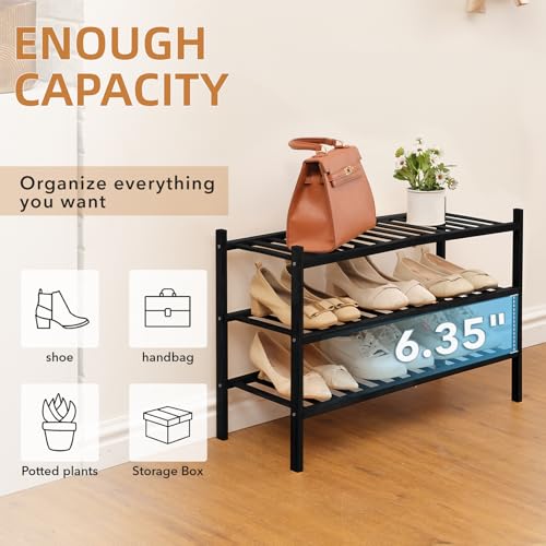 3 Tier Bamboo Shoe Rack Storage Organizer for Closet, Multifunctional Stackable Free Standing Shoe Shelf Organizer for Small Space,Entryway,Hallway,Bathroom 27"x11"x20" (Black, 3 Tier) - color: Black, size: 3 Tier