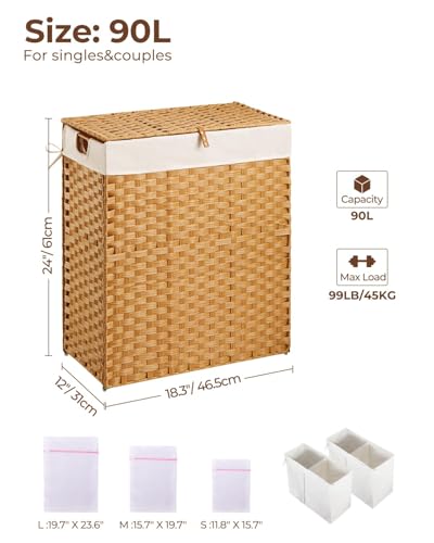 Greenstell Laundry Hamper No Install Needed, Divided Clothes Hamper with 2 Removable Liner Bags, 90L Handwoven Synthetic Rattan Laundry Basket with Lid and Handles, Foldable Natural - color: Natural, size: 90L (18.3x13.3x24.0 Inches)