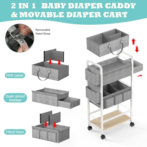 LIDTOP 2In1 Diaper Caddy & 4-Tier Rolling Diaper Cart, Diaper Caddy Organizer Cart with Dividers & Drawer, Mobile Metal Bedside Cart for Baby Nursery Essentials Storage, Large Capacity, White - color: White(with Drawer)