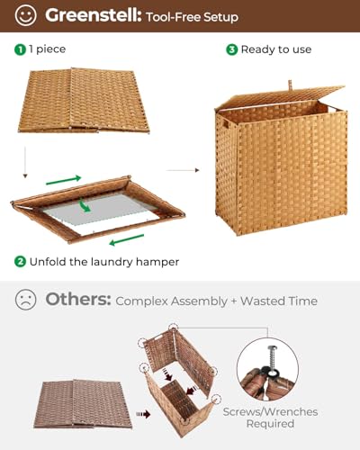 Greenstell Laundry Hamper with lid, No Install Needed, 130L Wicker Laundry Baskets Foldable 2 Removable Liner Bags, 2 Section Clothes Hamper Handwoven Rattan Laundry Basket with Handles, Natural - color: Natural, size: 130L (26.2x13.3x24.0 Inches)