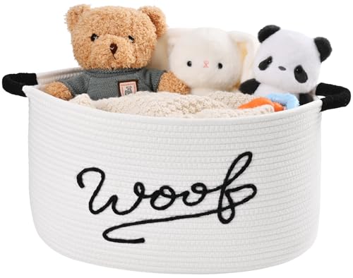 Woof Dog Toy Basket, Large Dog Toy Storage Bin with Durable Handles, Woven Dog Basket for Blankets, Toys, Chews, Pet Toy Storage Box for Nursery, Living Room, Bedroom, 17”x12”x9, White - color: White