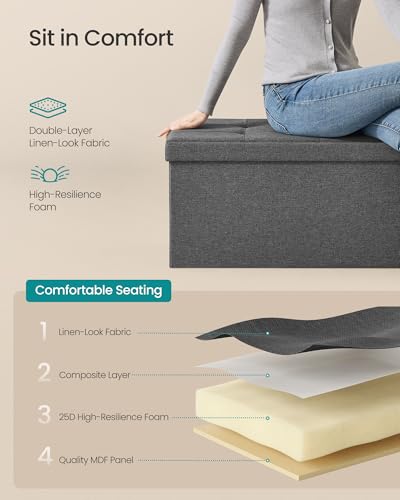SONGMICS MAZIE Collection - 43 Inches Folding Storage Ottoman Bench, Ottoman Foot Rest, End of Bed Bench, Storage Chest, Load 660 lb, for Living Room, Bedroom, Entryway, Dark Gray ULSF77K - color: Dark Gray, size: 15"D x 43"W x 15"H