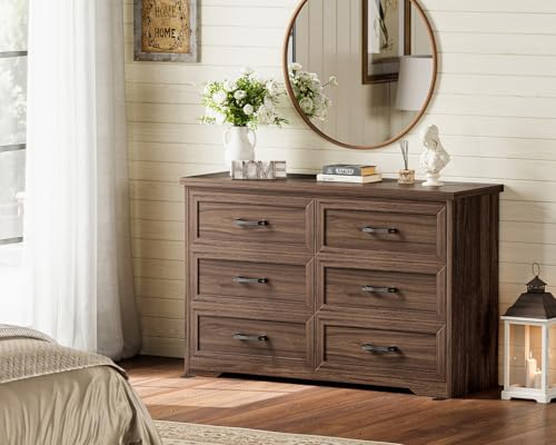 AODK Farmhouse 6 Drawer Dresser for Bedroom, 47” Wide Rustic Storage Dresser with Engineered Wood Frame, Anti-Tip Safety Chest, American Country Bedroom Furniture, Walnut - color: Walnut, size: 15.7"D x 47"W x 30.4"H (6 Drawers)