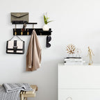 Coat Rack Wall Mount with Shelf, 4 in 1 Wood Coat Hooks with Key and Mail Holder, 17 Inch Entryway Hanging Shelf with Sunglasses Holder and 4 Metal Hooks for Clothes Hats Bag, Black and Gold - color: Black