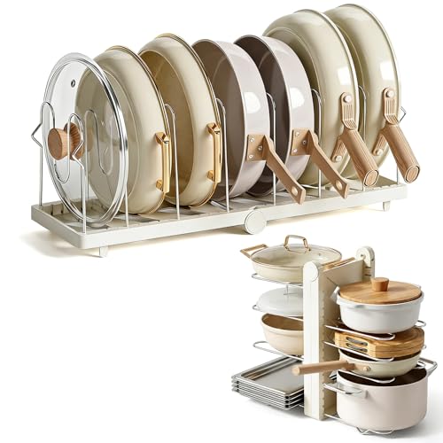 Foldable Pots and Pans Organizer Under Cabinet, 8 Adjustable Stainless Steel Dividers,28.5" L x 9.1" W x 9.9" H Expanded, Folds Flat, Heavy Duty Kitchen Cabinet Organizer with Lid Holder