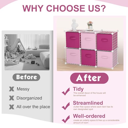 Leinuosen 6 Cube Storage Organizer with 6 Foldable Fabric Storage Bins, Metal Wire Grid Shelves, Stackable Modular Closet Organizer for Bedroom Living Room Office Toys Books(White,Pink) - color: White,Pink