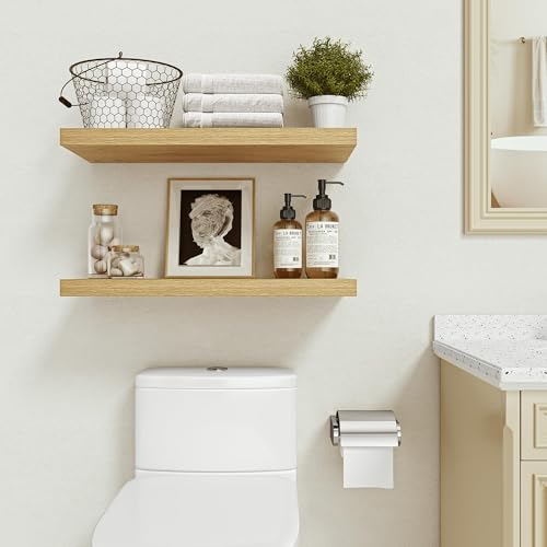 Vivelove Floating Shelves 24 inchs Long, Bathroom Shelves Over Toilet 9.1” Deep, Wall Mounted Wall Shelves for Bedroom, Living Room, Kitchen, Office, Rustic Home Decor, Oak, Set of 2 - color: Oak, size: 24”Wx9.1”Dx1.6”H