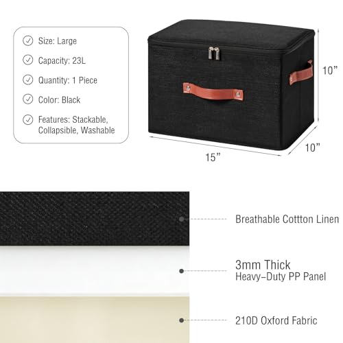 Storage Bin Box with Zippered Lid Cotton Linen Fabric Decorative Basket with PU Leather Handles PP Plastic Board Foldable Lidded Clothing Shelf Closet Organizer Container (Black, Large) - color: Black, size: Large ( Pack of 1 )