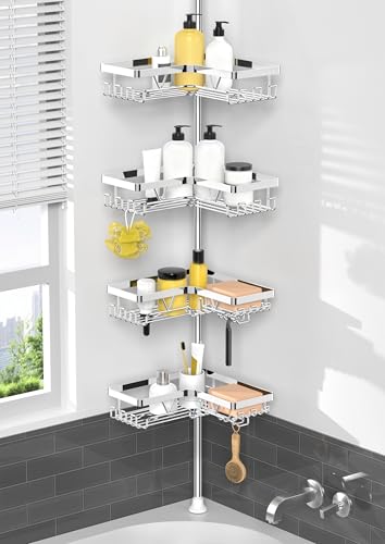 KEGII Corner Shower Caddy Tension Pole - Chrome 4-Tier Adjustable Shower Tension Rod Organizer with Hooks & Soap Holders, 25-114.2 Inch Stainless Steel Shower Storage Rack for Renters & Family - style: Tension Caddy - Chrone