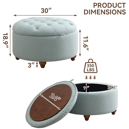 WUTUTUEE 30Inch Round Storage Ottoman with Tray, Modern Tufted Fabric Circle Coffee Table with Storage, Upholstered Ottoman with Removable Top for Living Room, Bedroom, Light Blue - color: Blue, size: 30 Inch