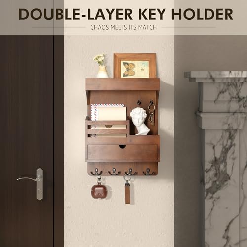 Rebee Vision Farmhouse Key Holder Wall Mount with Drawer Organizer – Pine Wooden Mail and Key Organizer for Wall with 6 Sturdy Hooks & Floating Shelf – Perfect for Retro Living Room Decor (Brown) - color: Brown, style: Large Drawer