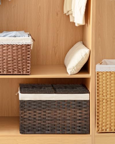 SETVSON Storage Basket with Lid Rattan Storage Basket with 2 Separate Lid, 27.8 Gallon (105 L) 25.2 * 15.4 * 16.1 Inches Woven Wicker Baskets with 2 Liners and Handles for Bedroom Laundry-Brown - color: Brown, size: 105L-25.2L*15.4W*16.1H