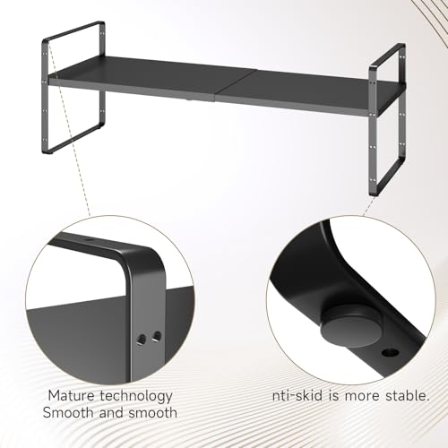 16.5~27.1" Expandable Shelf Organizer, 2Pack 8.1" Wide Stackable Cabinet Shelf Organizers, Black Metal Sturdy Kitchen Counter Storage for Countertop, Adjustable Height Spice Rack - color: Black, size: 2Pack-8''W-Holeless