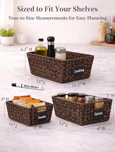 Pantry Organizers and Storage, Water Hyacinth Storage Baskets for Shelves, Brown Baskets for Organizing, Pantry Baskets with Chalkboard Labels and Marker - color: Brown