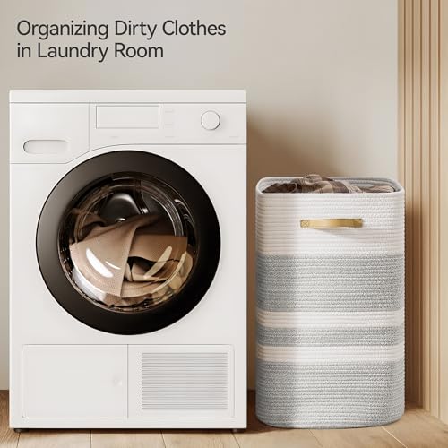 Nunsino 87L Laundry Hamper,Laundry Basket with Leather Handles,Woven Storage Basket for Toys,Pillows,Blankets,Clothes,Grey White - color: Grey&White, size: 87 L