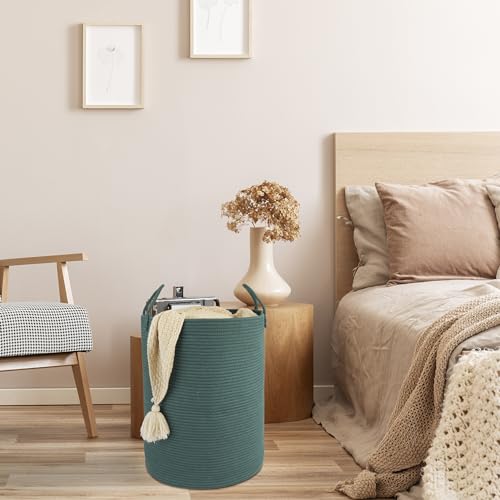 XUANGUO Cotton Rope Laundry Basket Hamper for Clothes Woven Storage Basket for Living Room Bedroom Boho Tall Rope Baskets for Blanket Toys Pillow Towels Baby Nursery Hamper Bin Large dark green - color: dark green, size: Large