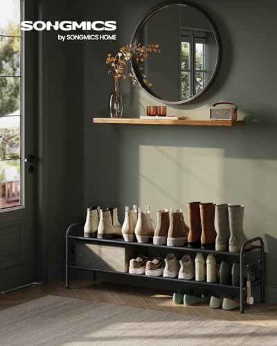 SONGMICS Shoe Rack, 2-Tier Shoe Organizer, Fabric Shoe Shelf Storage with 4 Hooks, Holds up to 12 Pairs of Shoes, Height-Adjustable Shoe Rack for Entryway, Hallway, Closet, Easy Assembly, Ink Black - color: Ink Black, size: 2 Tier (13.7"H)