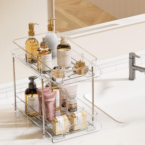Vtopmart 4 Pack 2 Tier Bathroom Under Sink Organizers and Storage, Clear Kitchen Pantry Organization, Pull Out Medicine Cabinet Organizer with Movable Dividers - color: Transparent, size: S-Divided (4 Pack)