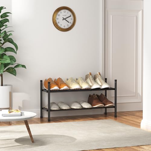 Uneviesyka Expandable Shoe Rack, 2 Tier Shoe Rack for Closet, Stackable Adjustable Standing Metal Shoe Shelf Organizer Storage, Small Shoe Racks for Front Door Entrance、Entryway(Black) - size: 2 Tier