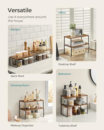 SONGMICS Cabinet Organizer Shelf, Set of 4 Kitchen Counter Shelves, Kitchen Storage, Spice Rack, Stackable, Expandable, Metal and Engineered Wood, Ink Black and Rustic Brown UKCS022X01 - color: Ink Black + Rustic Brown, size: 15.6"W