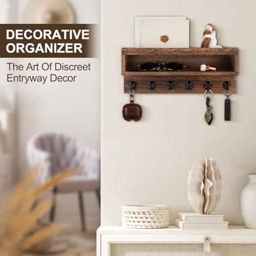 Key and Mail Holder Wall Mount, Key Hanger with Long Storage Box and 6 Hooks for Coat, Dog Leash, Home Decor Rack, House Accessories, Entry Way Organizer (Brown) - color: Brown