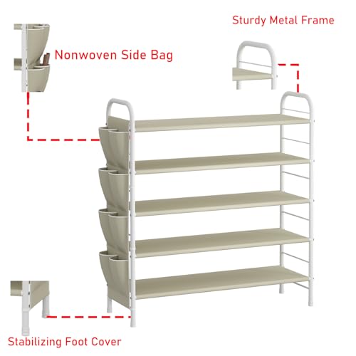 SUOERNUO Shoe Rack Storage Organizer 5 Tier Free Standing Metal Shoe Shelf Shoe Organizer with Side Shoes Pockets for Entryway Closet Bedroom, Beige - color: Beige, size: 5 Tier