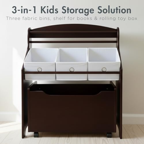 Humble Crew 3-in-1 Kids Bookshelf and Toy Storage Organizer, Espresso/White - Toddler Organizers with Rolling Toy Box and 3 Fabric Bins – Sturdy Baby Book Shelf, Perfect for Nursery and Playroom - color: Espresso/White