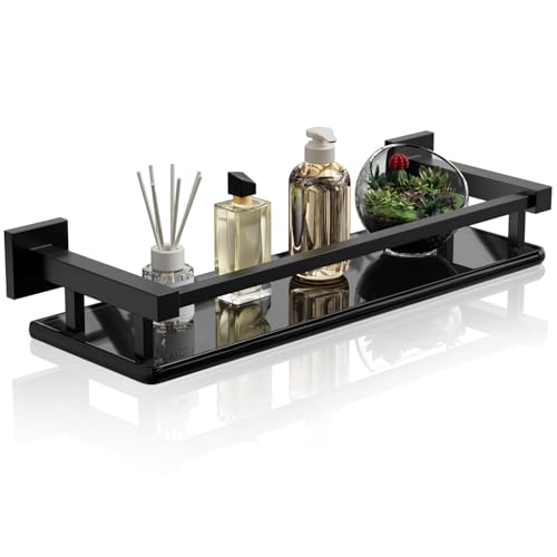 Alise Bathroom Glass Shelf with Stainless Steel Railing, Matte Black Small Tempered Glass Floating Wall Shelf Over The Toilet, 16 inch - color: Matte Black, size: 16 Inch