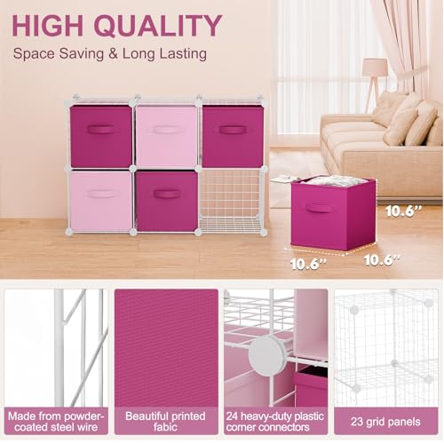Leinuosen 6 Cube Storage Organizer with 6 Foldable Fabric Storage Bins, Metal Wire Grid Shelves, Stackable Modular Closet Organizer for Bedroom Living Room Office Toys Books(White,Pink) - color: White,Pink