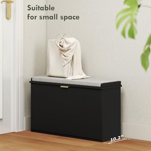 HOMCOM Narrow Shoe Bench with Padded Seat Cushion and Flip-Drawer, Small Entryway Bench Holds up to 265lb, Shoe Cabinet, 31.5x10.2x18.7 Inches, Black - color: Black, size: 31.5" x 10.2" x 18.7"