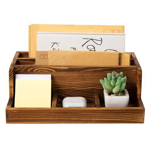 Rustic Brown Wood Mail Organizer Stationery Sorter Letter Holder Office Supply Storage Caddy 2 Slots 3 Trays Desktop Envelope Document Notepad Countertop Daily Accessories Table Home Entryway