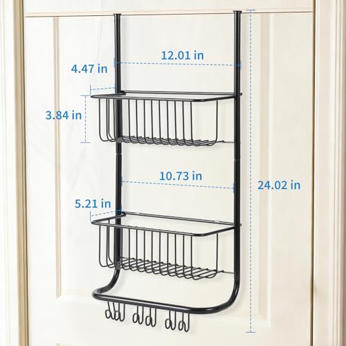Garvee Over The Door Organizer, 2-Tier Metal Shower Caddy with 6 Hooks, Adjustable Hanging Storage for Bathroom, Bedroom, Pantry & Closet, Space Saving Solution, 11.8"x5.1"x24.2" - color: black