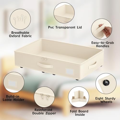 EE-RoomWorld Under Bed Storage with Wheels, No Assemble Required 5.5 inches height beige under bed storage bins,Low Profile Rolling Underbed Shoe Storage containers，dorm underbed storage drawers - color: Beige, size: 5.5 inch height